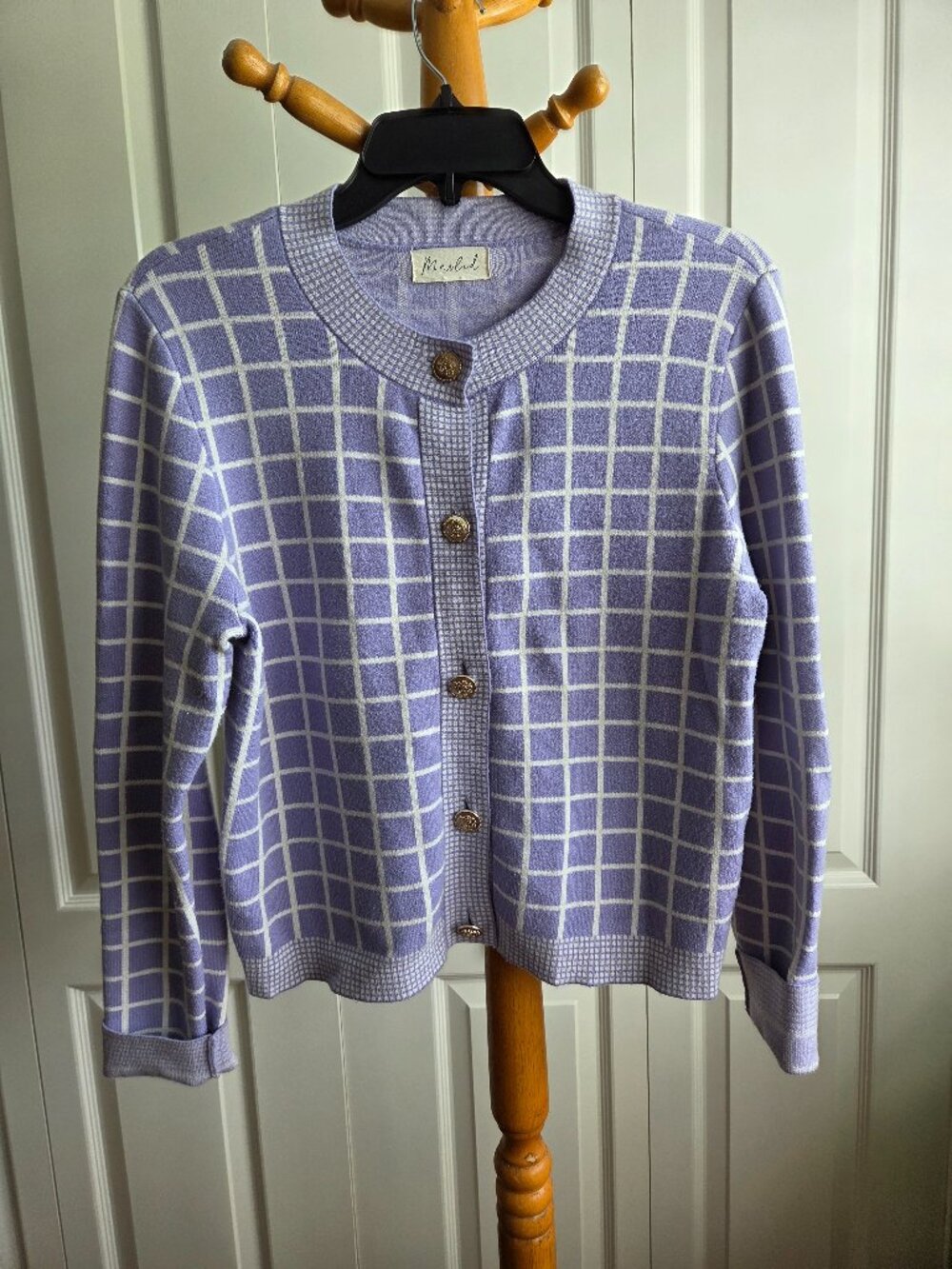 Marled Purple & White checkered cardigan sweater size S